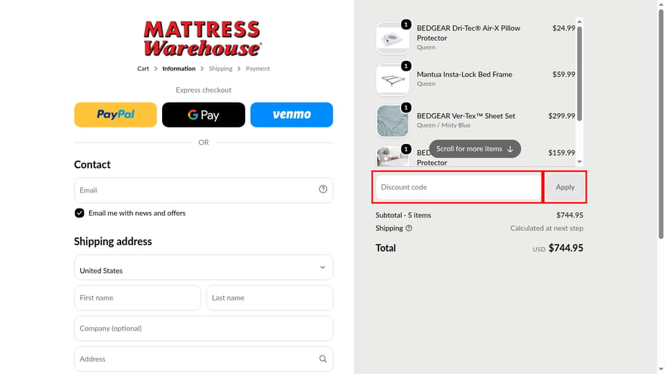 Mattress Warehouse checkout page showing the Discount code field and Apply button