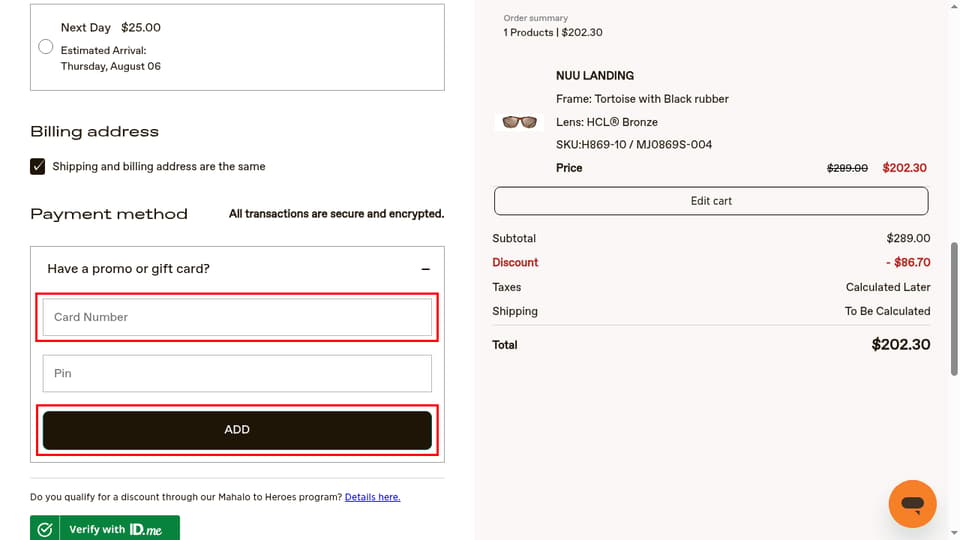 Maui Jim checkout page showing the Card Number field and ADD button