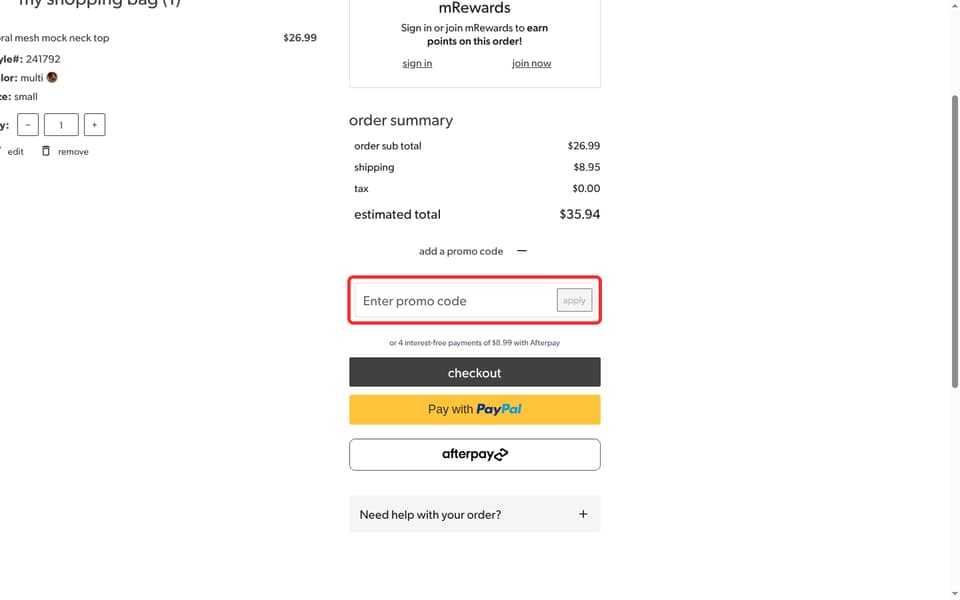 Maurices checkout page showing the Enter promo code field and apply button