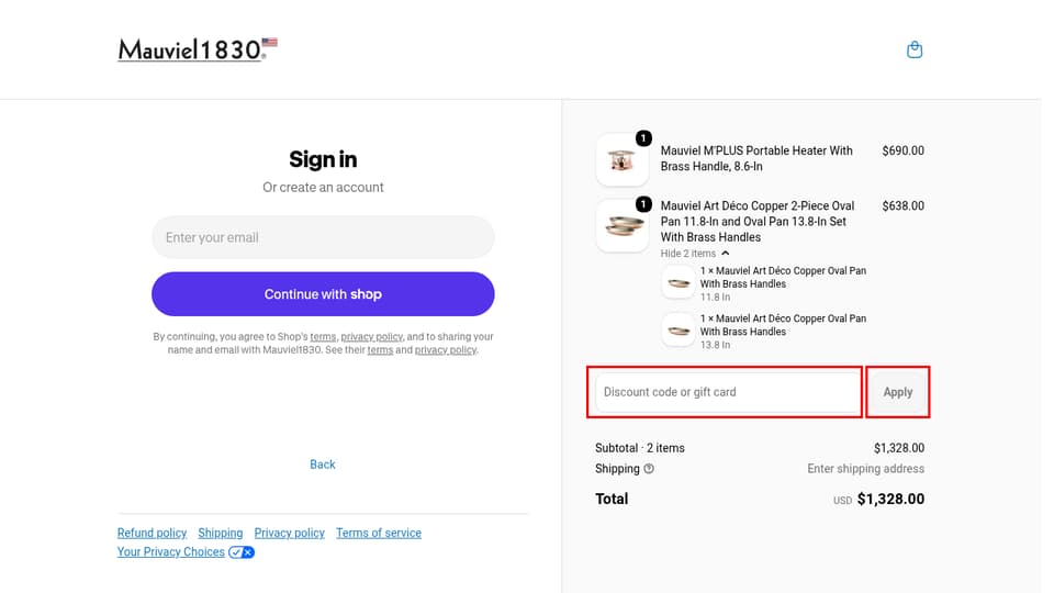 Mauviel 1830 checkout page showing the Discount code or gift card field and Apply button