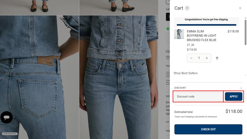 Mavi checkout page showing the Discount code field and APPLY button