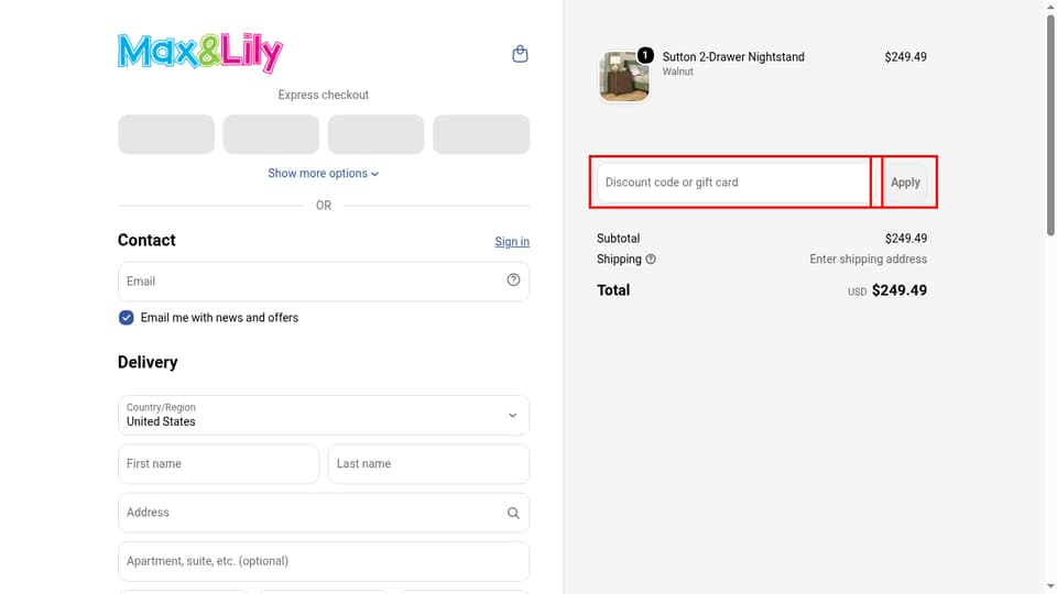Max & Lily checkout page showing the Discount code or gift card field and Apply button