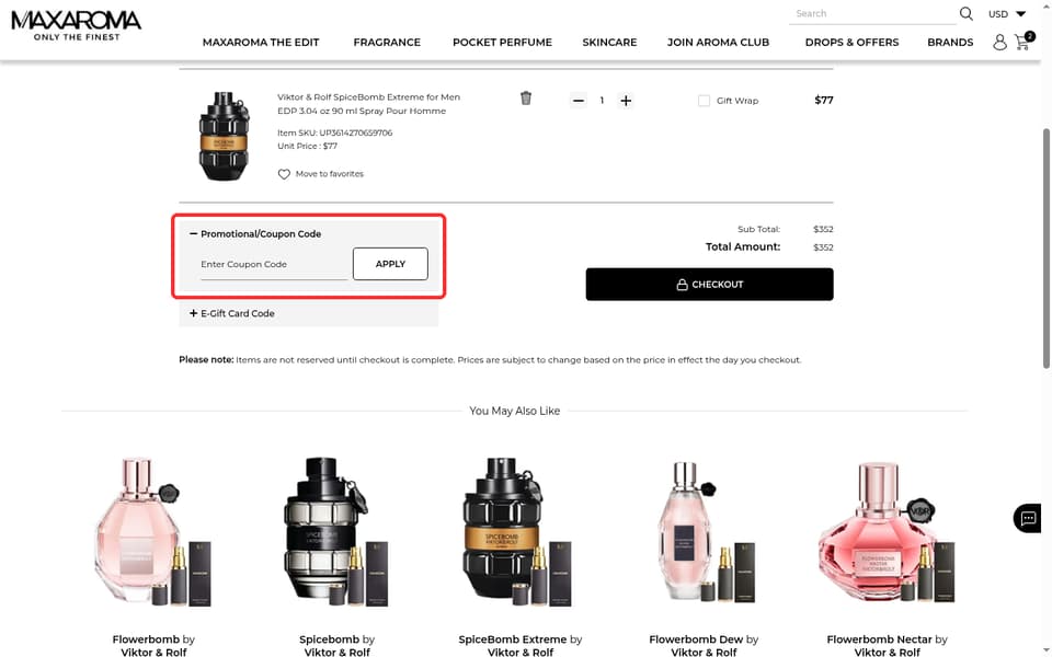 Maxaroma checkout page showing the Enter Coupon Code field and Apply button