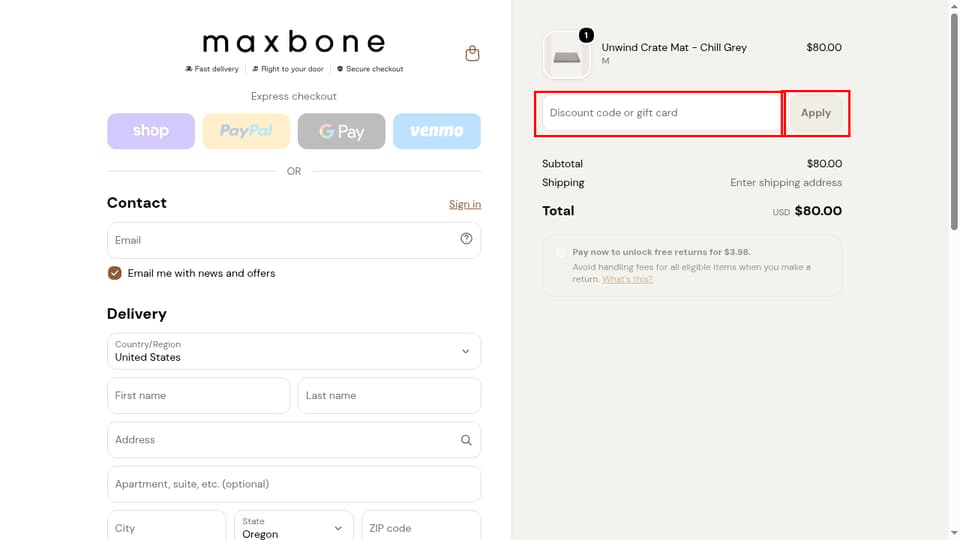 maxbone checkout page showing the Discount code or gift card field and Apply button