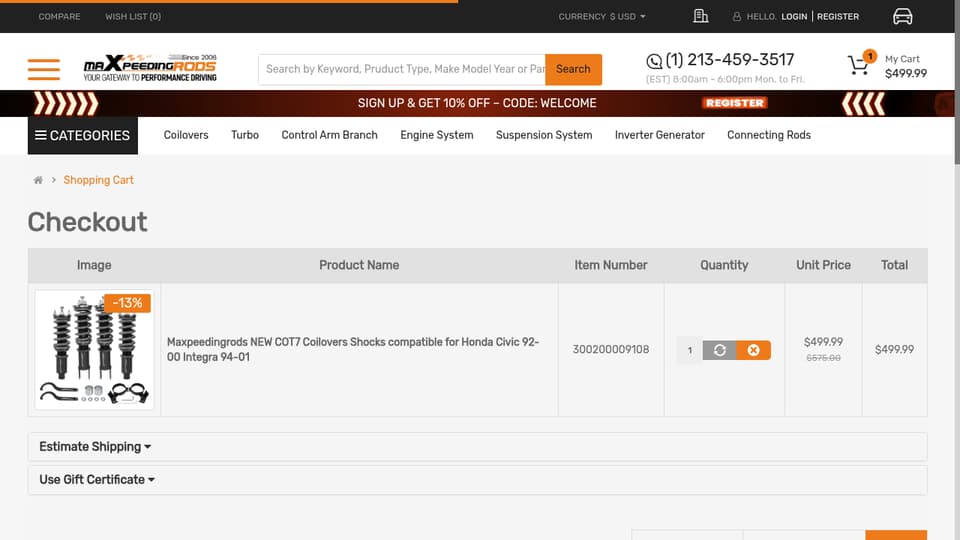 MaXpeedingRods checkout page showing the Enter your coupon here field and Apply button