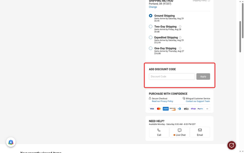 Max Warehouse checkout page showing the Discount Code field and Apply button