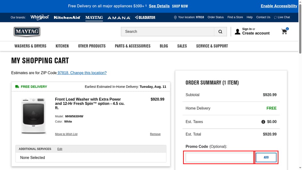Maytag checkout page showing the Promo Code (Optional) field and Add button