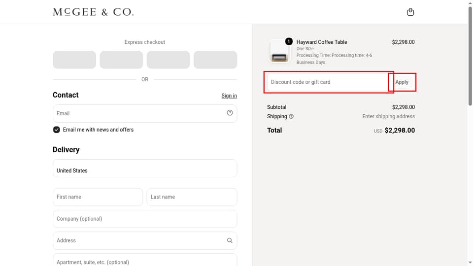 McGee & Co. checkout page showing the Discount code or gift card field and Apply button
