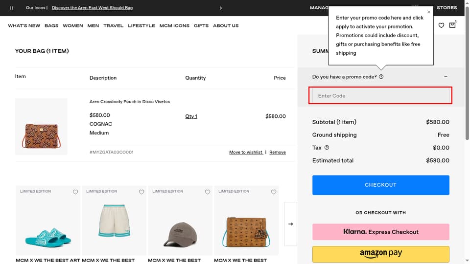 MCM Worldwide checkout page showing the Enter Code field and Apply button