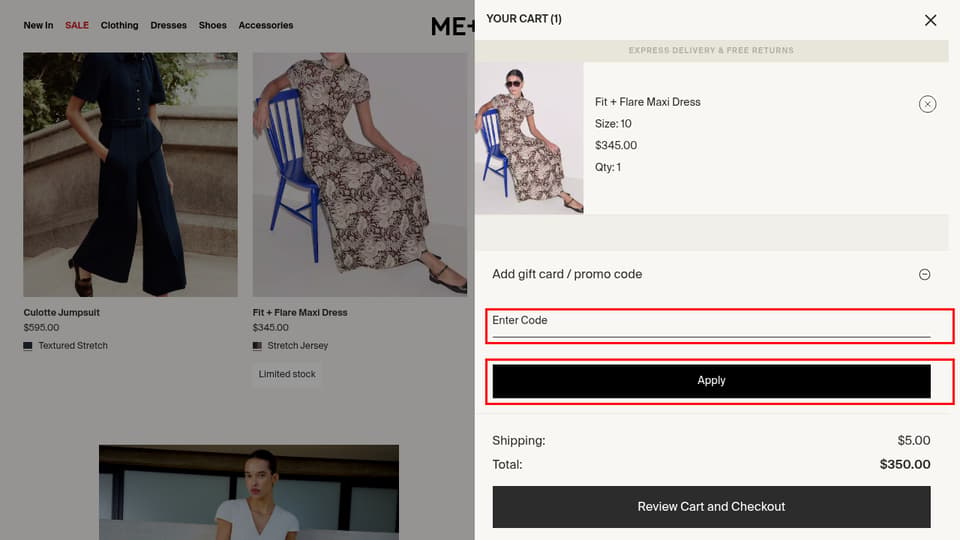 ME+EM checkout page showing the Enter Code field and Apply button