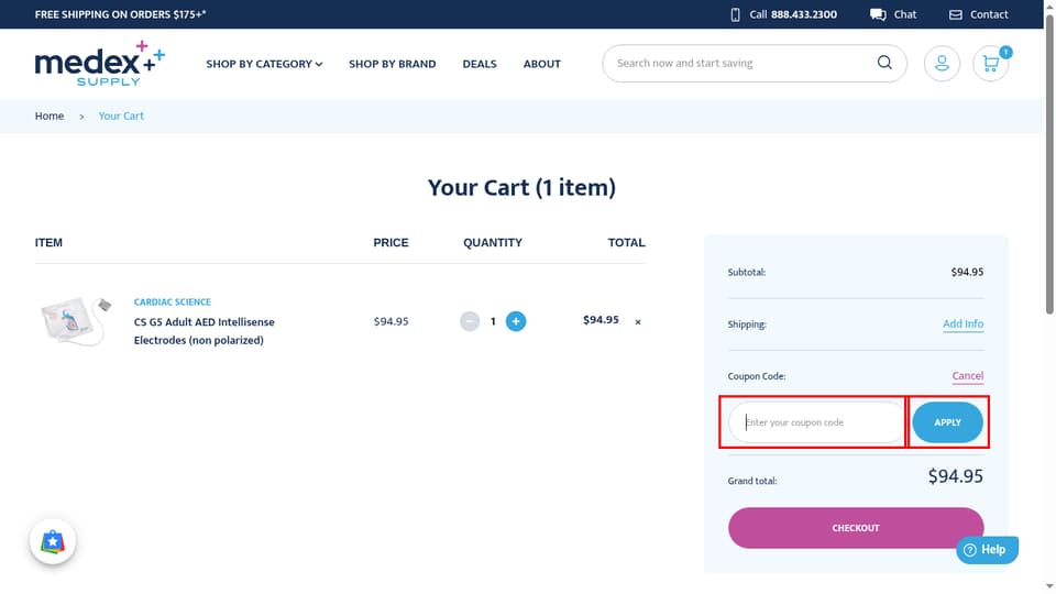 Medex Supply checkout page showing the Enter your coupon code field and Apply button
