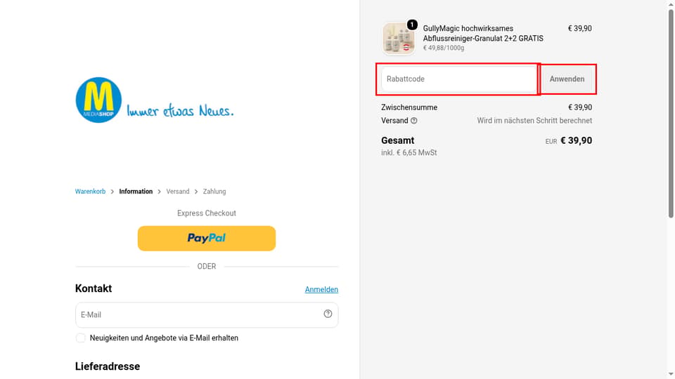 MediaShop checkout page showing the Rabattcode field and Anwenden button