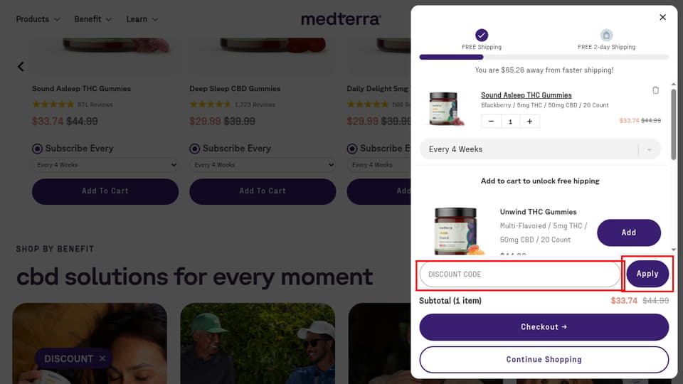 Medterra checkout page showing the Discount Code field and Apply button