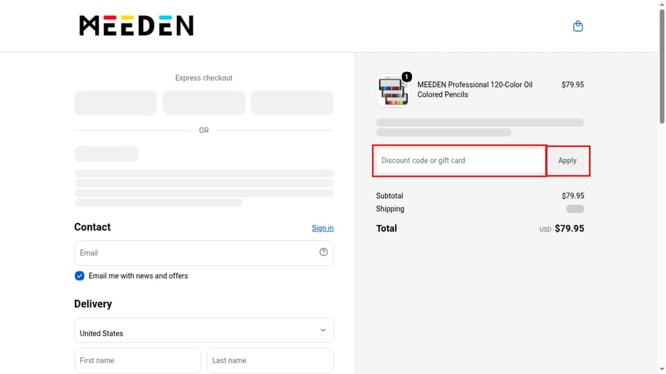 MEEDEN checkout page showing the Discount code or gift card field and Apply button