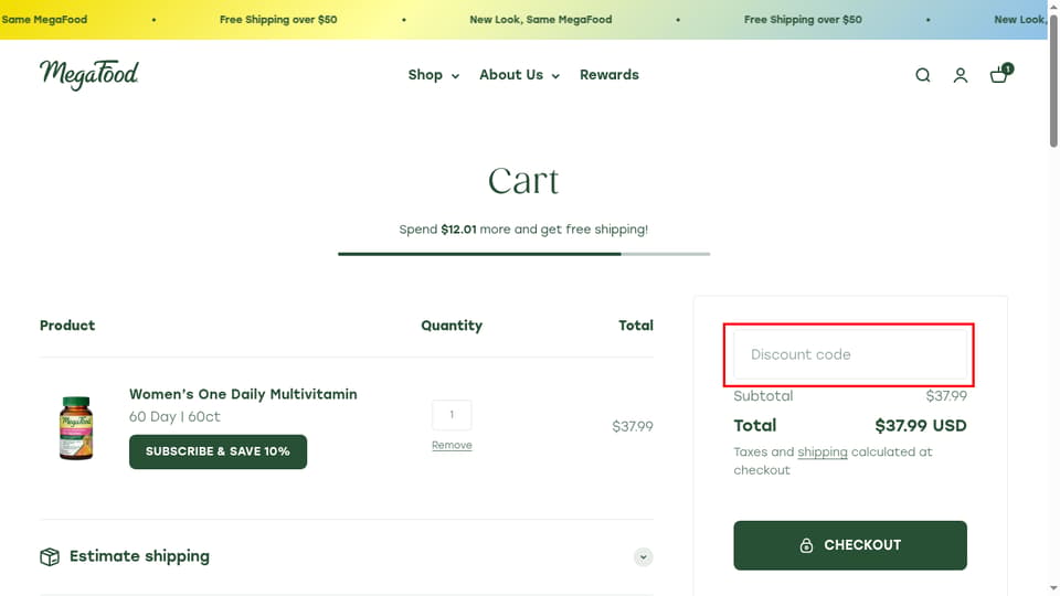 MegaFood checkout page showing the Discount code field and Apply button