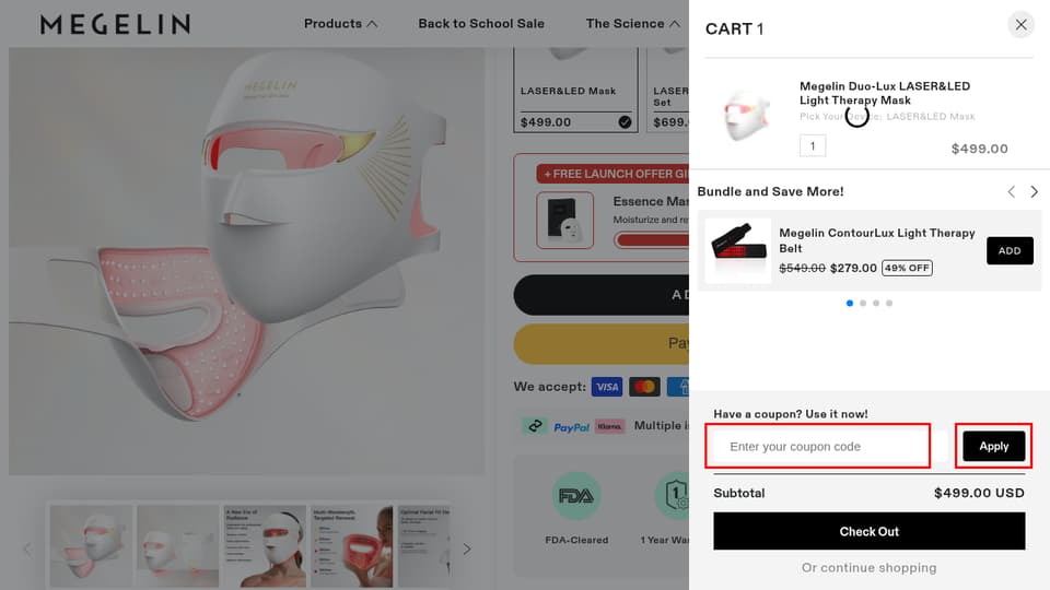 Megelin checkout page showing the Enter your coupon code field and Apply button