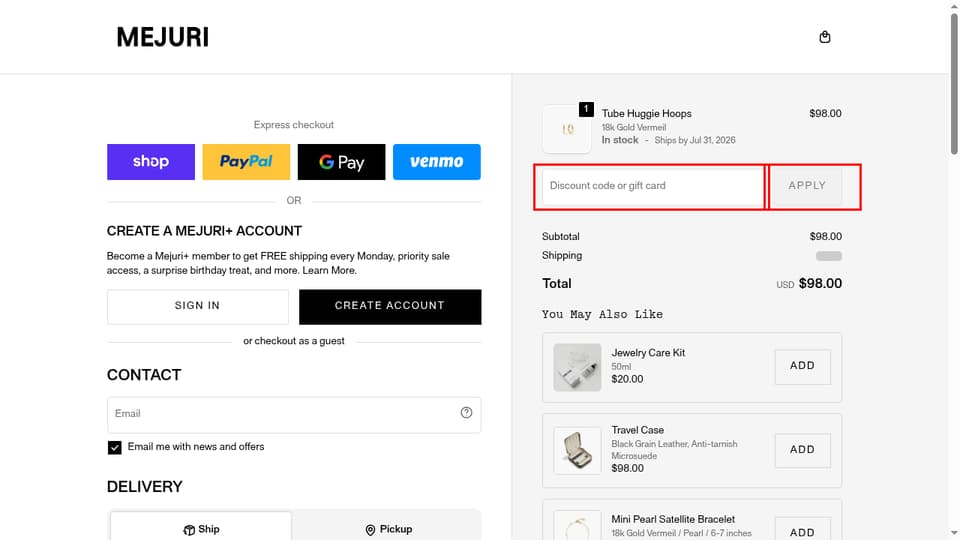 Mejuri checkout page showing the Discount code or gift card field and Apply button
