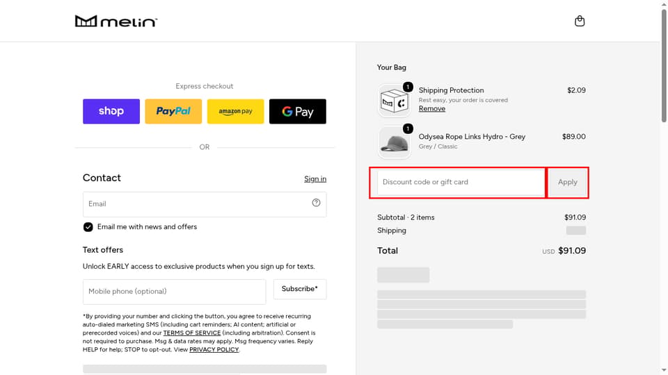 Melin checkout page showing the Discount code or gift card field and Apply button