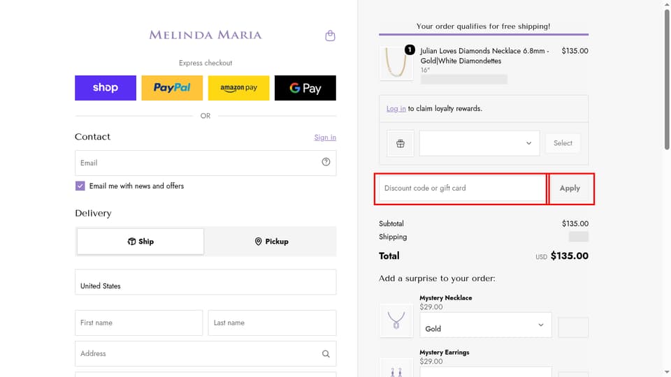 Melinda Maria checkout page showing the Discount code or gift card field and Apply button