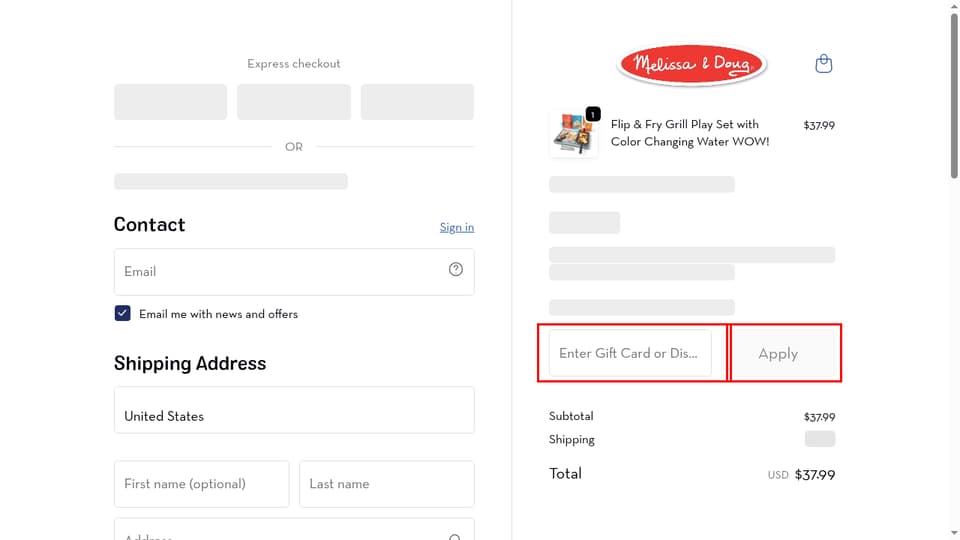 Melissa & Doug checkout page showing the Enter Gift Card or Discount Code field and Apply button