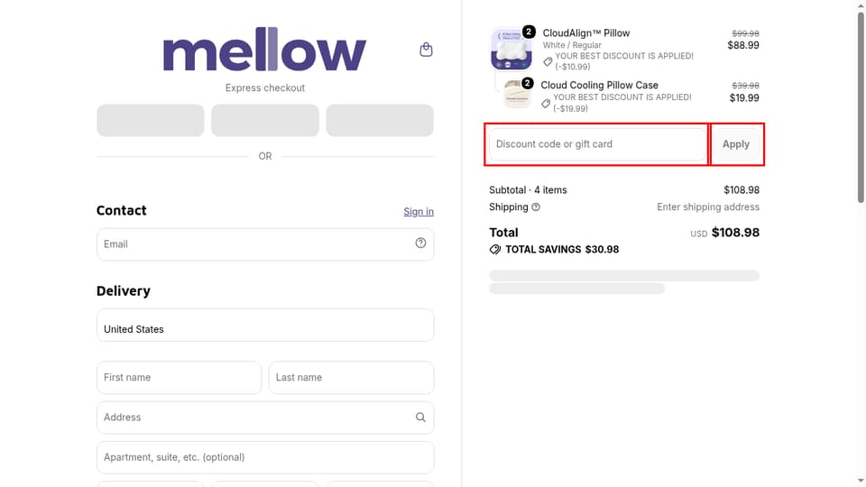 mellow checkout page showing the Discount code or gift card field and Apply button