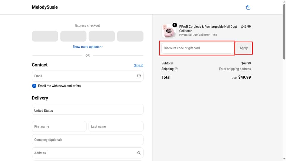MelodySusie checkout page showing the Discount code or gift card field and Apply button
