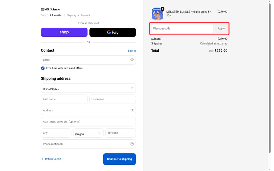 MEL Science checkout page showing the Discount code field and Apply button