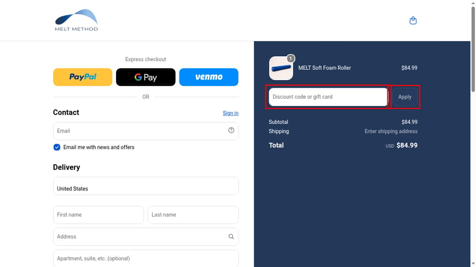 MELT Method checkout page showing the Discount code or gift card field and Apply button