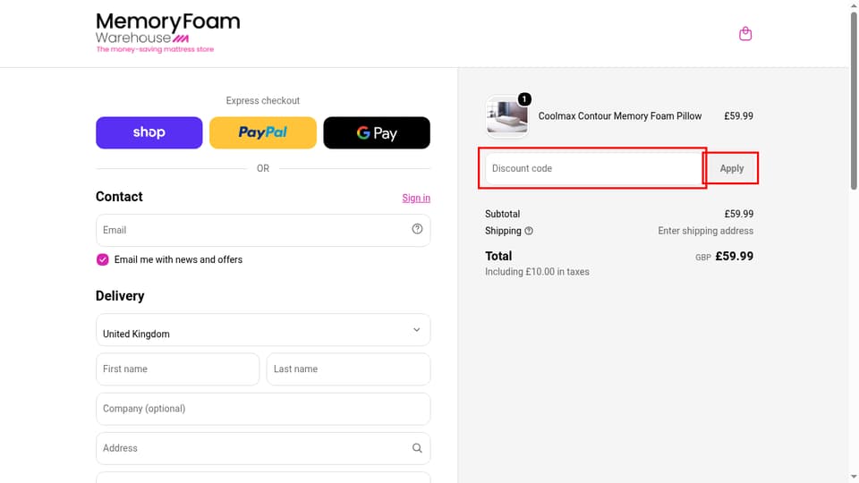Memory Foam Warehouse checkout page showing the Discount code field and Apply button