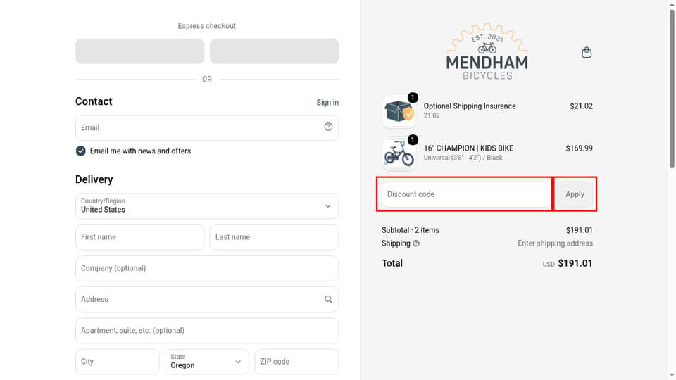 Mendham Bikes checkout page showing the Discount code field and Apply button