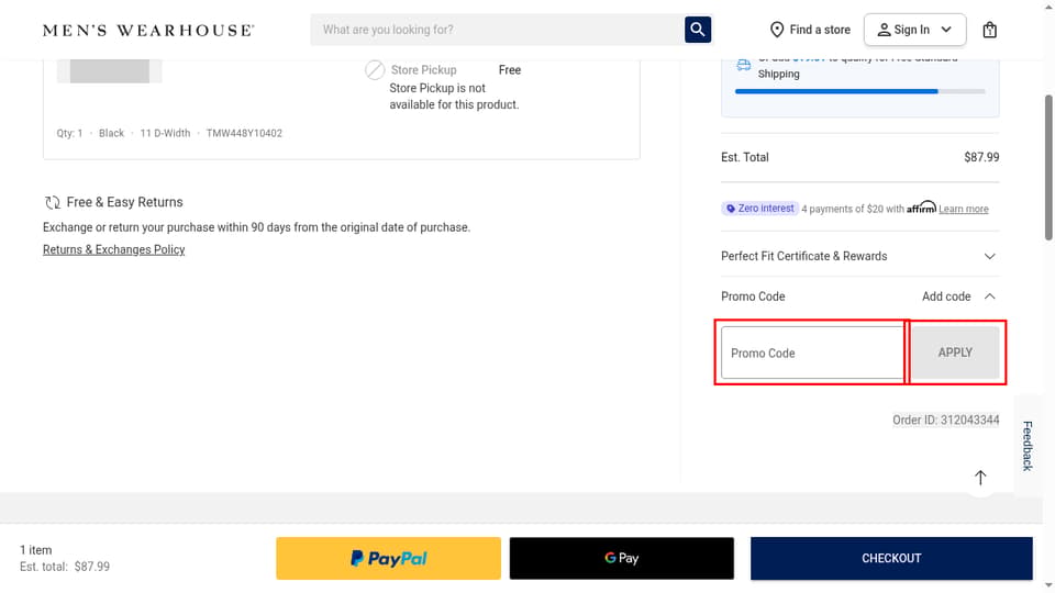 Men's Wearhouse checkout page showing the Promo Code field and APPLY button
