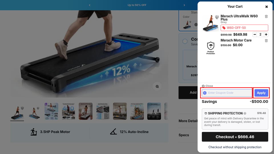 MERACH checkout page showing the Enter Coupon Code field and Apply button