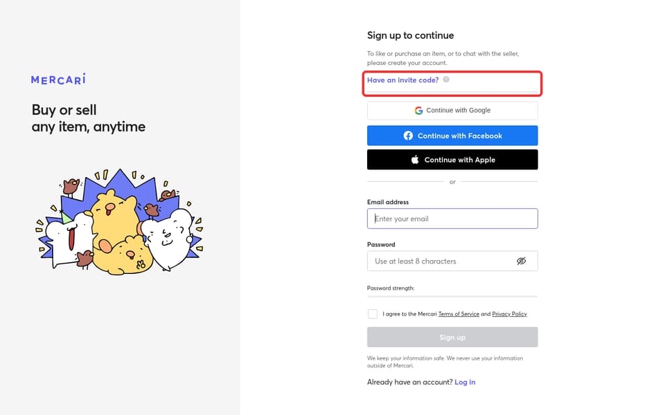 Mercari checkout page showing the Have an invite code? field and Apply button