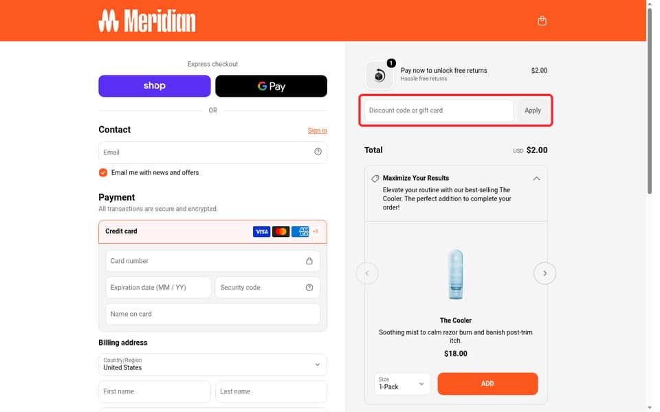 Meridian Grooming checkout page showing the Discount code or gift card field and Apply button