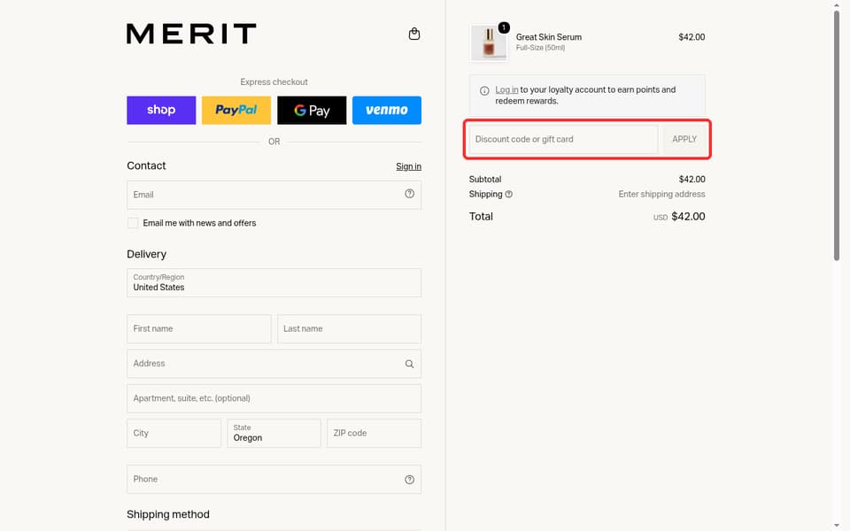 Merit checkout page showing the Discount code or gift card field and Apply button
