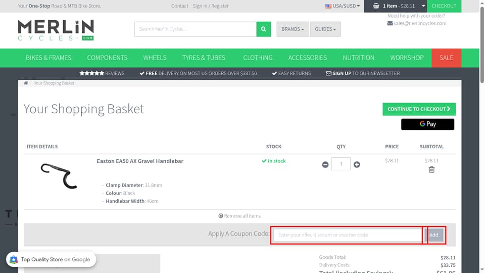 Merlin Cycles checkout page showing the Enter your offer, discount or voucher code field and Add button