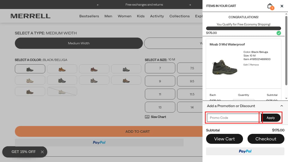 Merrell checkout page showing the Promo Code field and Apply button