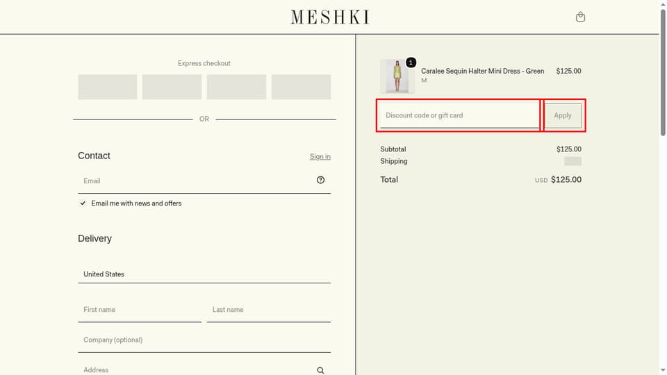 Meshki checkout page showing the Discount code or gift card field and Apply button