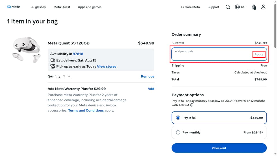 Meta checkout page showing the Add promo code field and Apply button