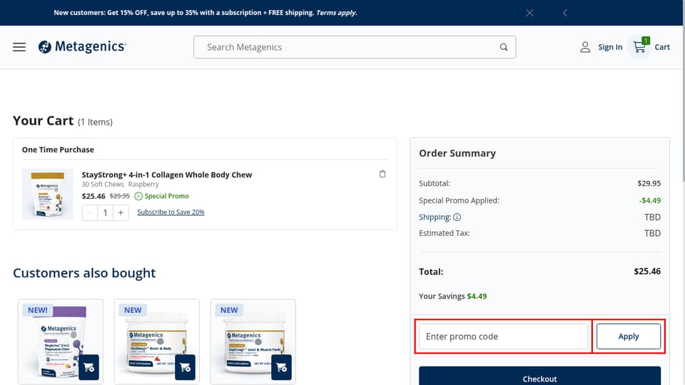 Metagenics checkout page showing the Enter promo code field and Apply button