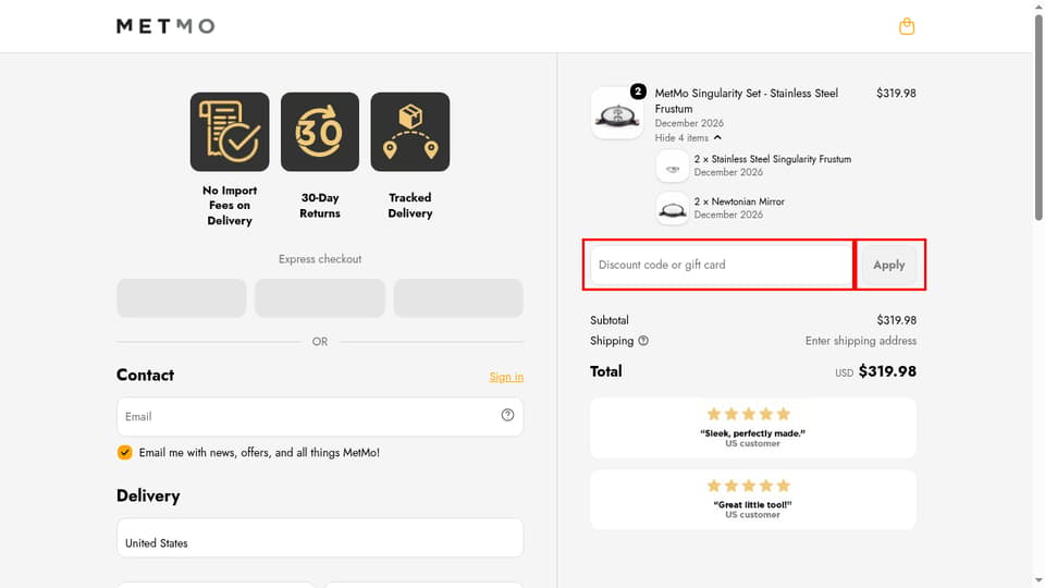 MetMo checkout page showing the Discount code or gift card field and Apply button