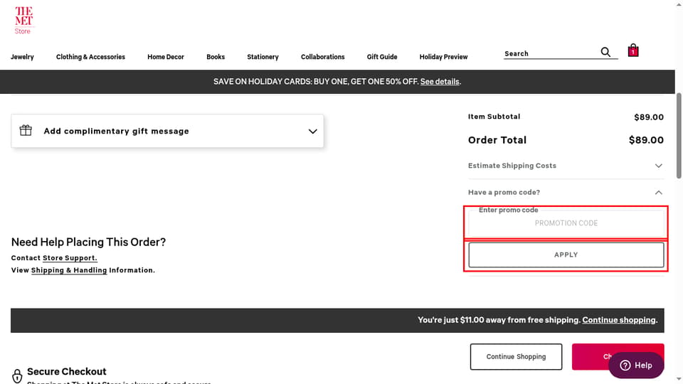 The Metropolitan Museum of Art checkout page showing the Promotion Code field and Apply button