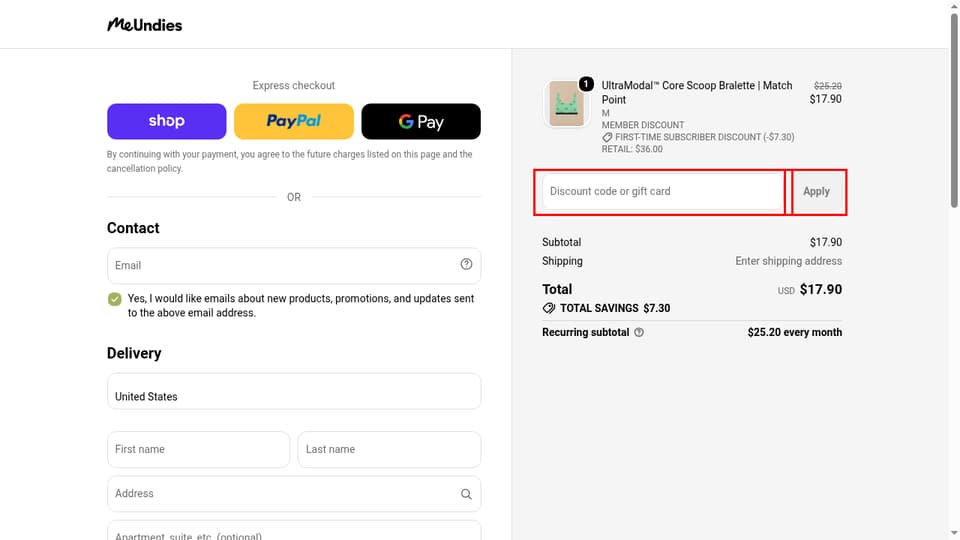 MeUndies checkout page showing the Discount code or gift card field and Apply button