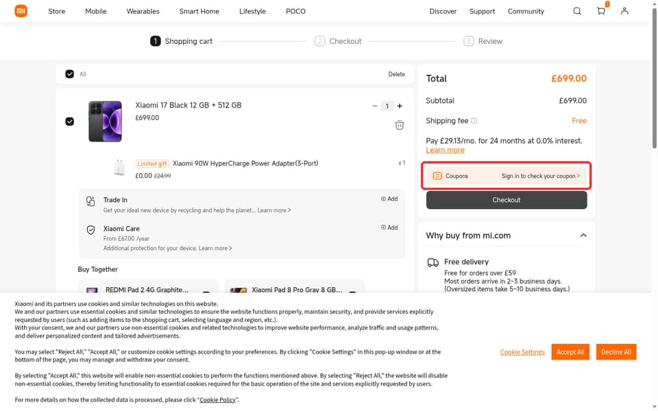 Xiaomi checkout page showing the Coupons field and Apply button