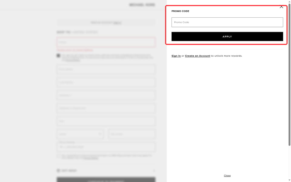 Michael Kors checkout page showing the Promo Code field and Apply button