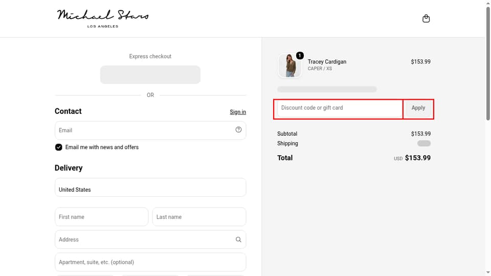 Michael Stars checkout page showing the Discount code or gift card field and Apply button