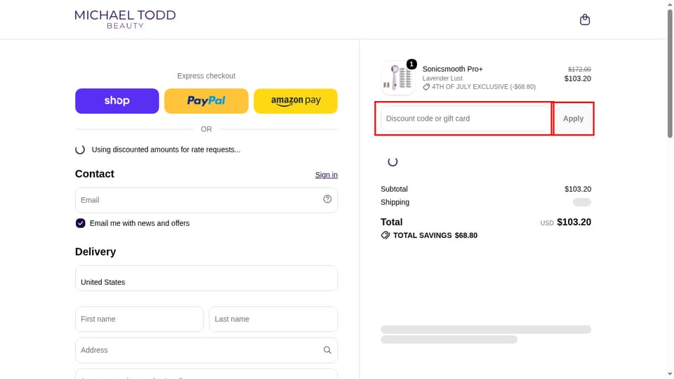 Michael Todd Beauty checkout page showing the Discount code or gift card field and Apply button