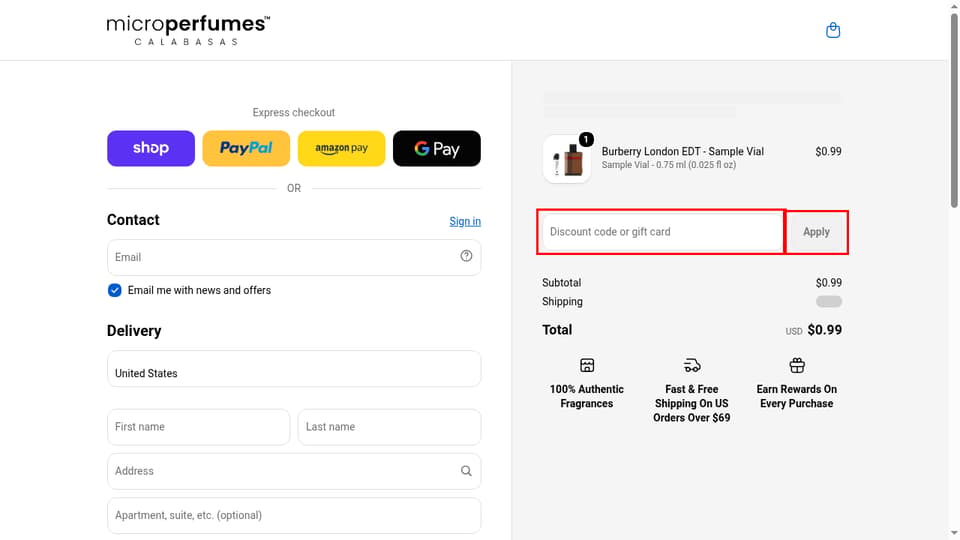 MicroPerfumes checkout page showing the Discount code or gift card field and Apply button