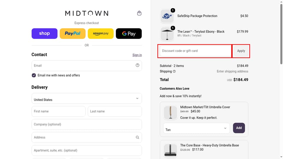 Midtown Umbrellas checkout page showing the Discount code or gift card field and Apply button