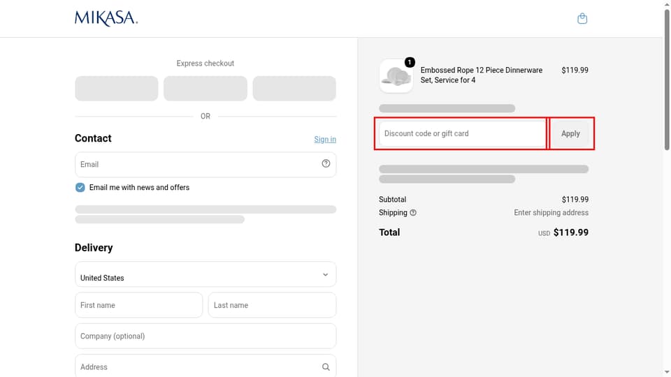 Mikasa checkout page showing the Discount code or gift card field and Apply button